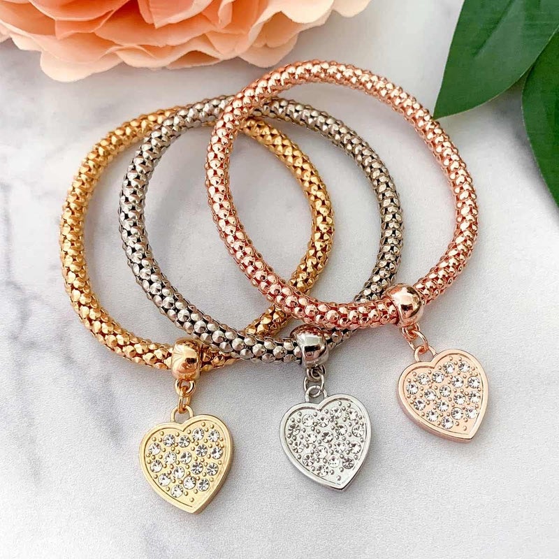 SILANER Crystal Charms Multilayer Bracelets - 3PCS Gold/Silver/Rose Gold Corn Chain Bracelet for Women, Tree of Life Heart Shaped Stretch Bracelet - Image 4